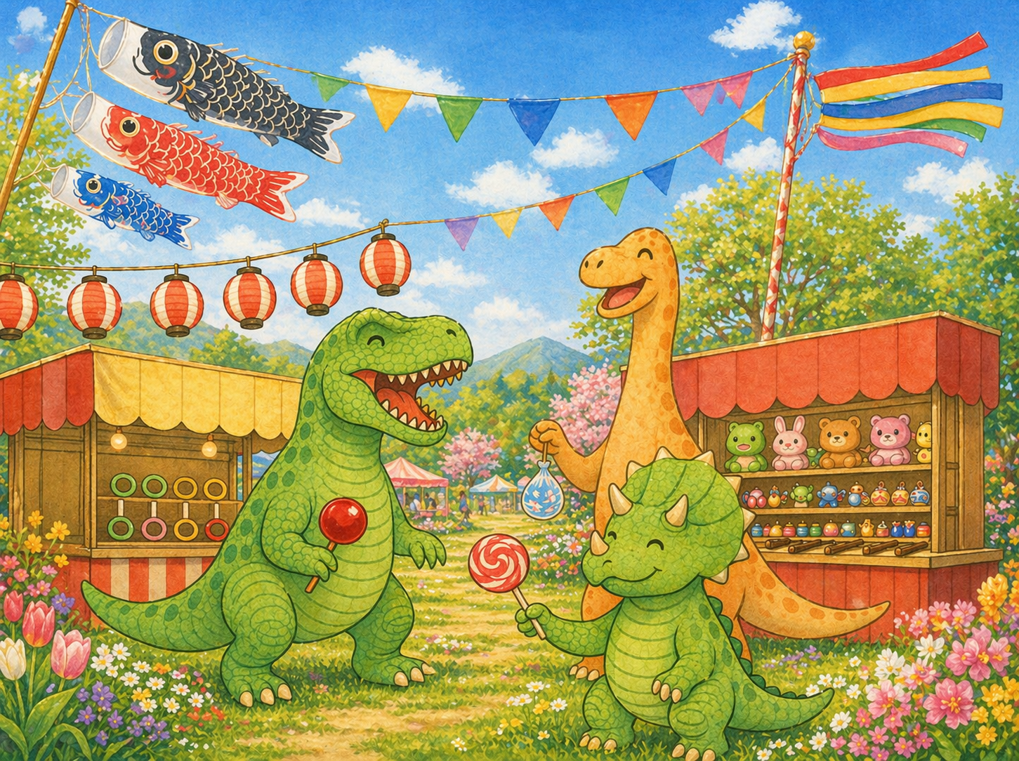 恐竜たちのにぎやかな縁日イメージ